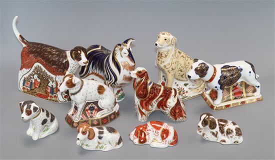 Ten Crown Derby paperweights: Labrador, Staffordshire Bull terrier, Collie, Spaniel, Foxhound, Jack Russell and four puppies